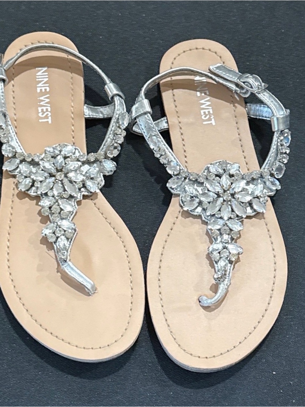 Nine West Silver Jeweled T-Strap Sandals with Crystal Motif